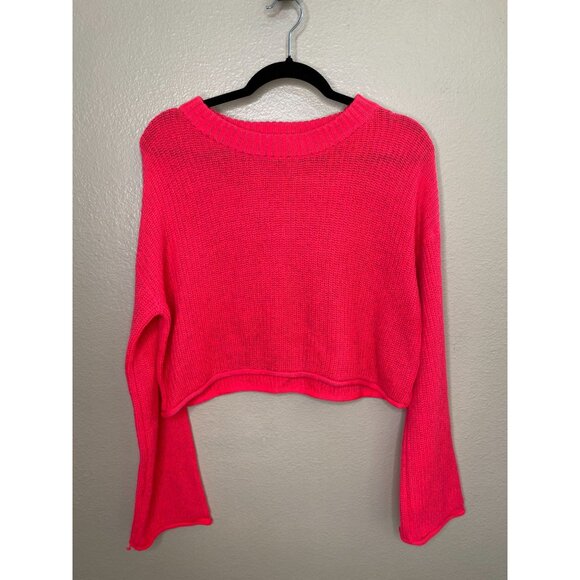 Wild Fable Womens Cropped Knit Sweater M‎ Bright Pink cotton blend long sleeve - Picture 2 of 6